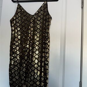 Gold Sheath Midi Dress with Spaghetti Straps for Cocktail